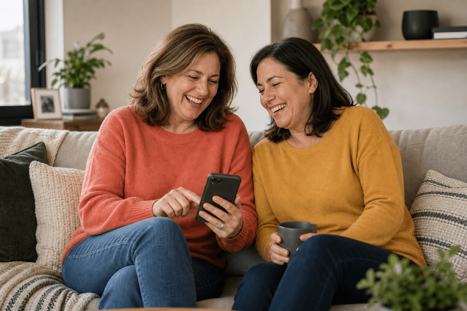 Two people sitting together at home, smiling while looking at a phone.