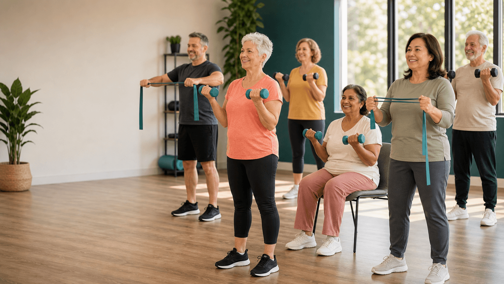 A mixed-age group exercising together with dumbbells and resistance bands in a bright community studio, one person seated.