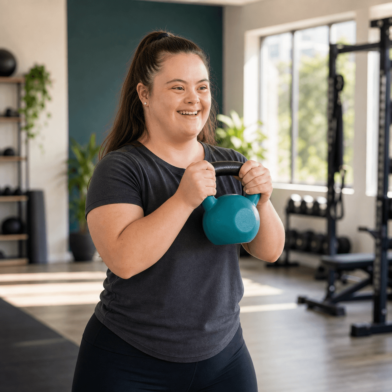 A smiling woman holding a teal kettlebell with both hands in a bright studio.