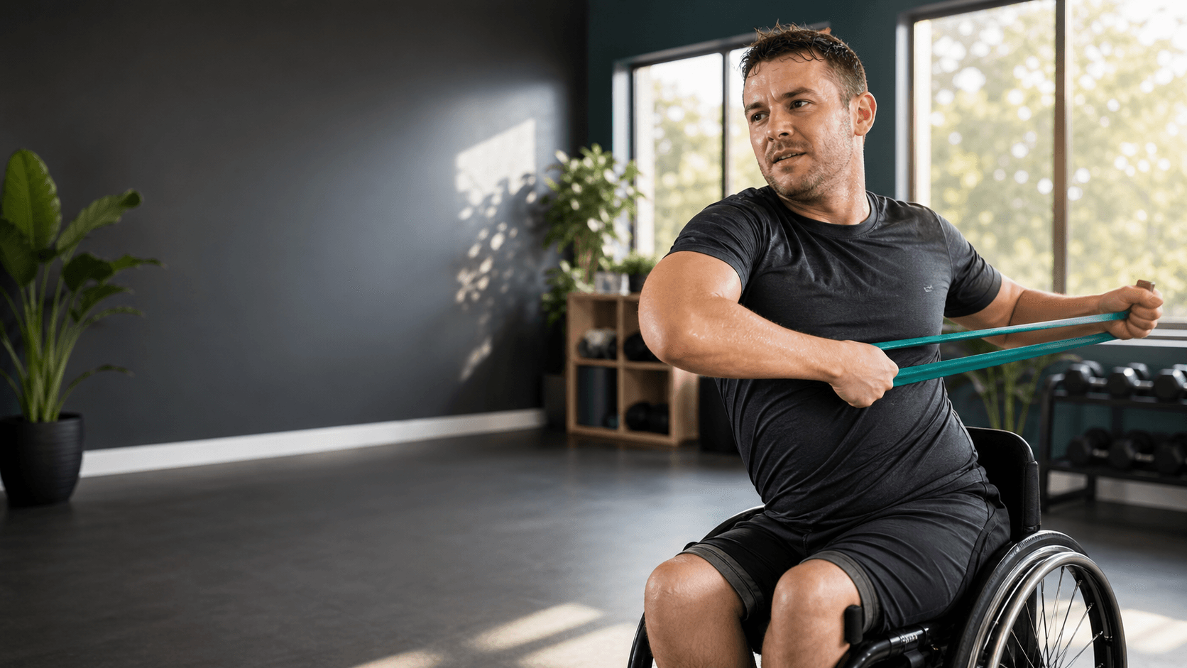 A wheelchair user training with focus in a bright studio.