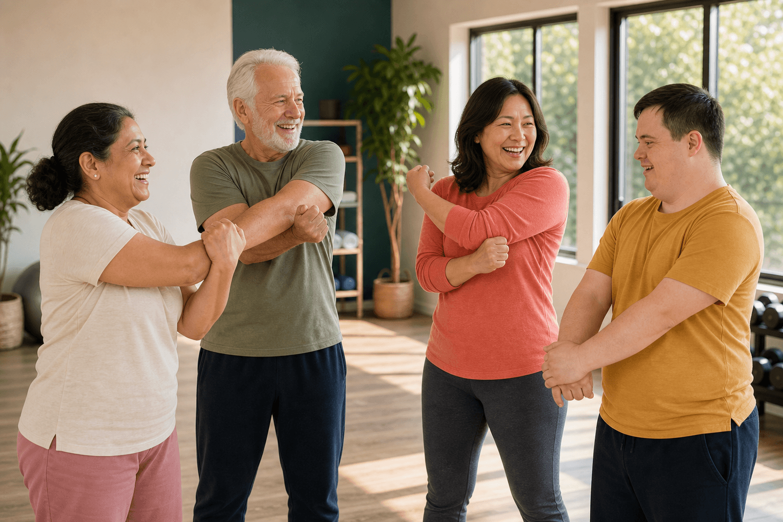 A small group of adults of mixed ages and abilities doing partnered stretches together and laughing in a sunlit studio.