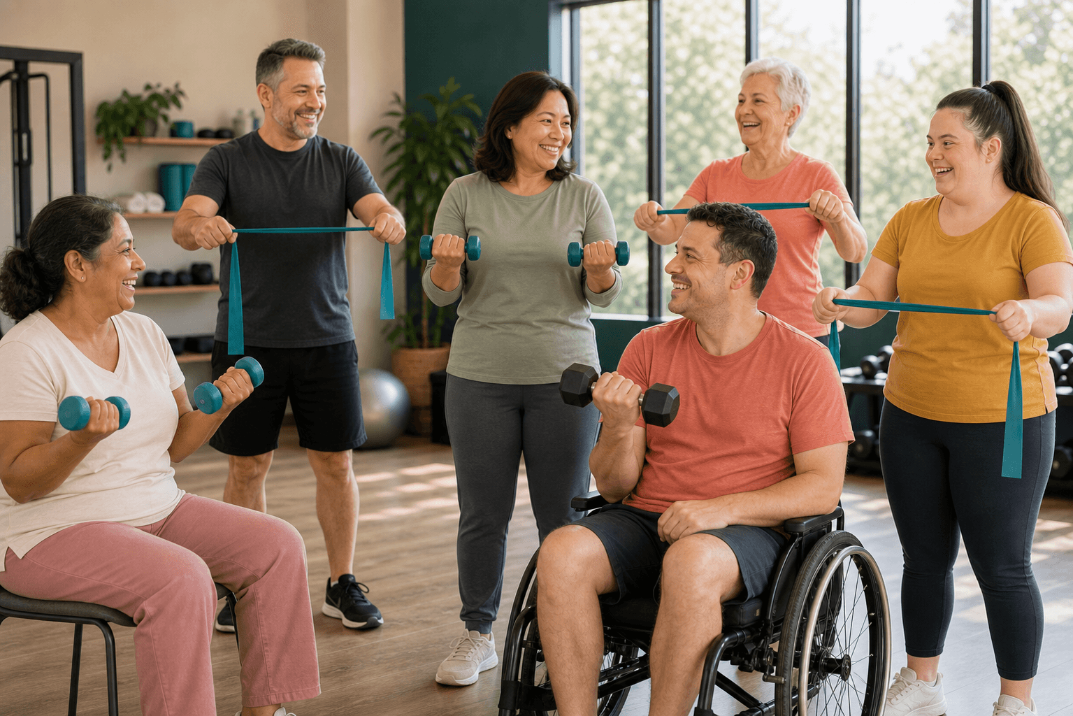 A diverse group of adults, including a wheelchair user, exercising together with dumbbells and resistance bands in a sunlit studio.